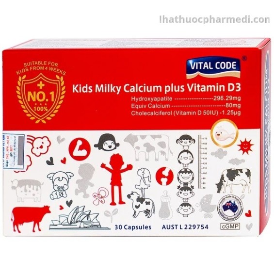 Viên Uống Bổ Sung Canxi Cho Trẻ Vital Code Kids Milky Calcium Plus Vitamin D3 ( ÚC ) hộp 30v