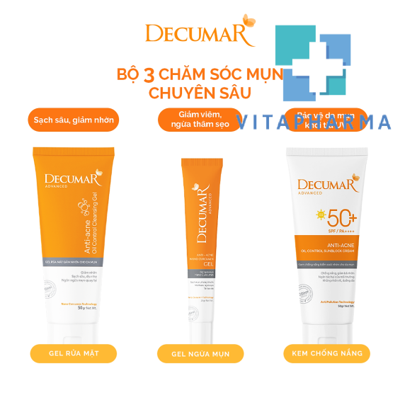 Combo Decumar Advanced gồm 1 Gel Ngừa Mụn, 01 Gel Rửa Mặt, 01 Kem Chống Nắng DECUMAR Giành Cho Da Mụn