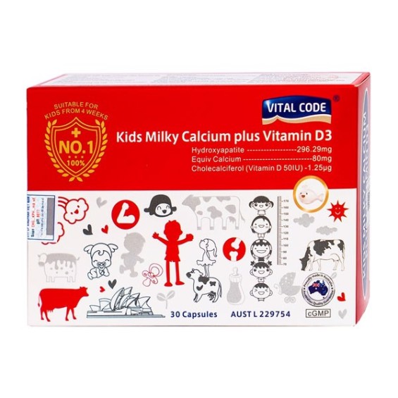 Viên Uống Hỗ Trợ Tăng Chiều Cao, Phòng Còi Xương Ở Trẻ Vital Code Kids Milky Calcium Plus Vitamin D3 Hộp 30 Viên