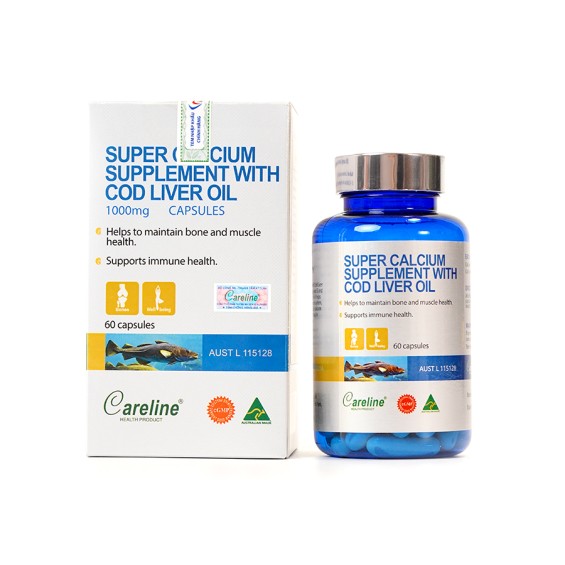 Viên Uống Canxi Bổ Sung Dầu Gan Cá Super Calcium Supplement With Cod Liver Oil Careline 1000mg  - 60 Viên